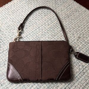 Coach Dark Brown Small Signature Wristlet with Leather Trim
